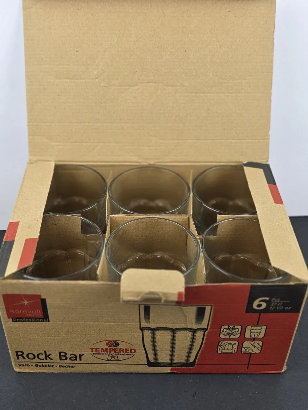 Bormioli Rocco Rock Bar 12.5 oz Tumblers Set of 6 Tempered Glass Italy